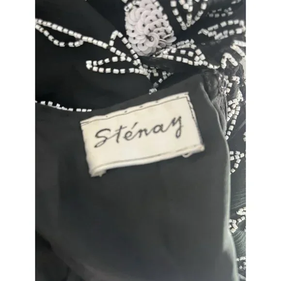 Vtg Stenay silk beaded blk white top evening long sleeves scalloped hem size M/L - Picture 6 of 8